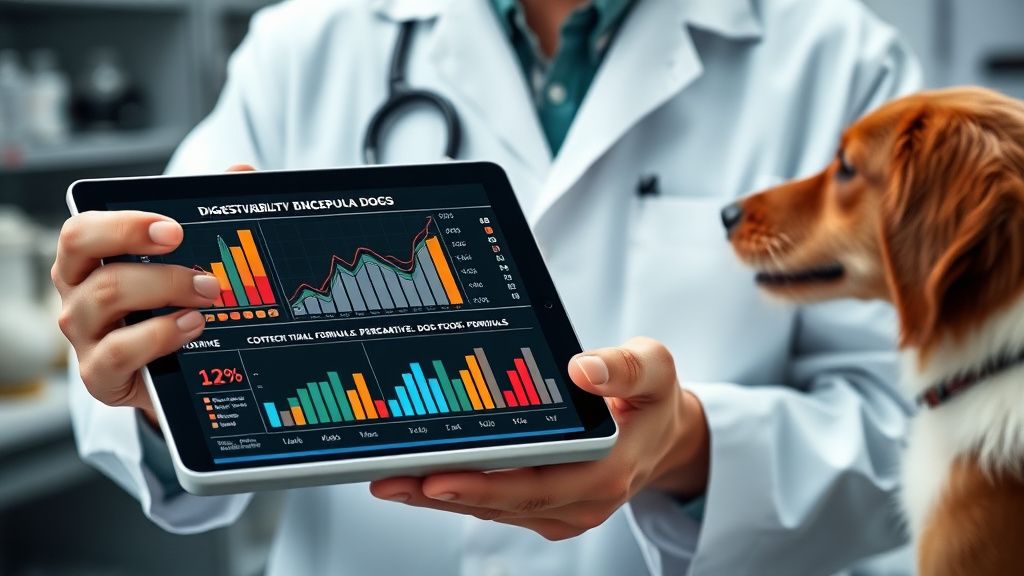 A scientist in a lab coat analyzing data on a digital tablet, with graphs and ch
