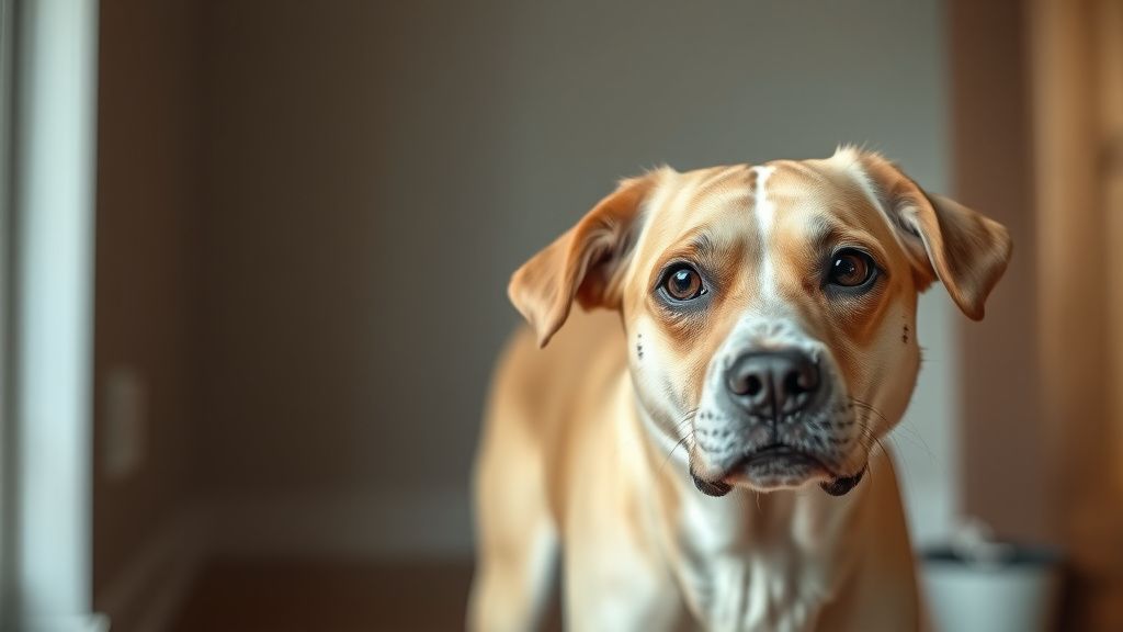 A senior dog looking confused, standing in a corner of a room or staring blankly