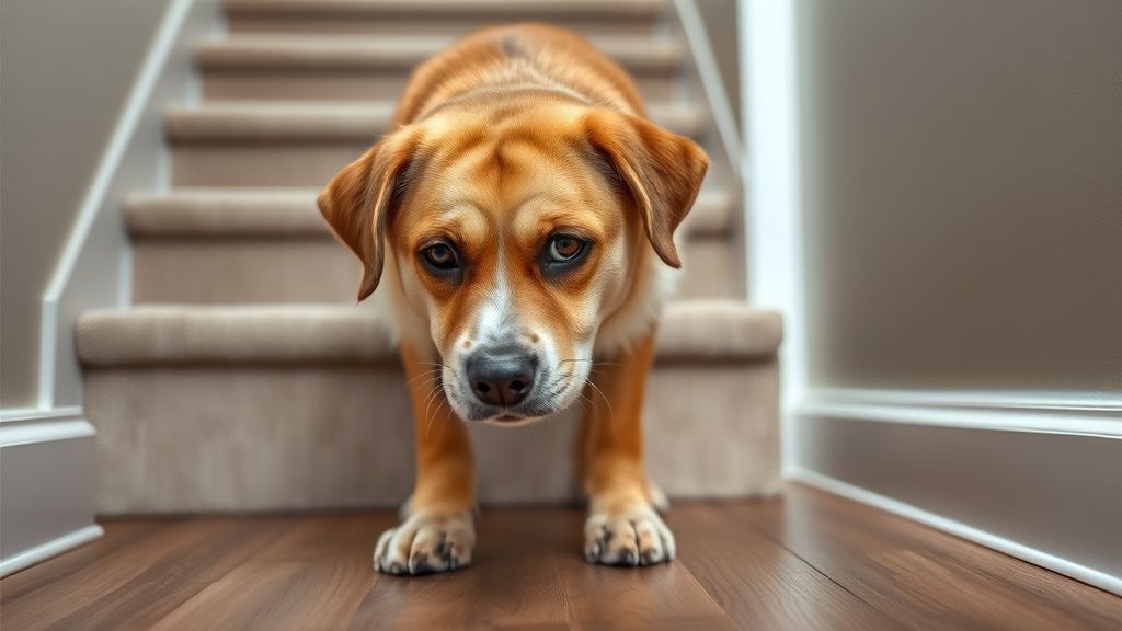 A senior dog looking hesitant and uncomfortable at the bottom of a small set of 