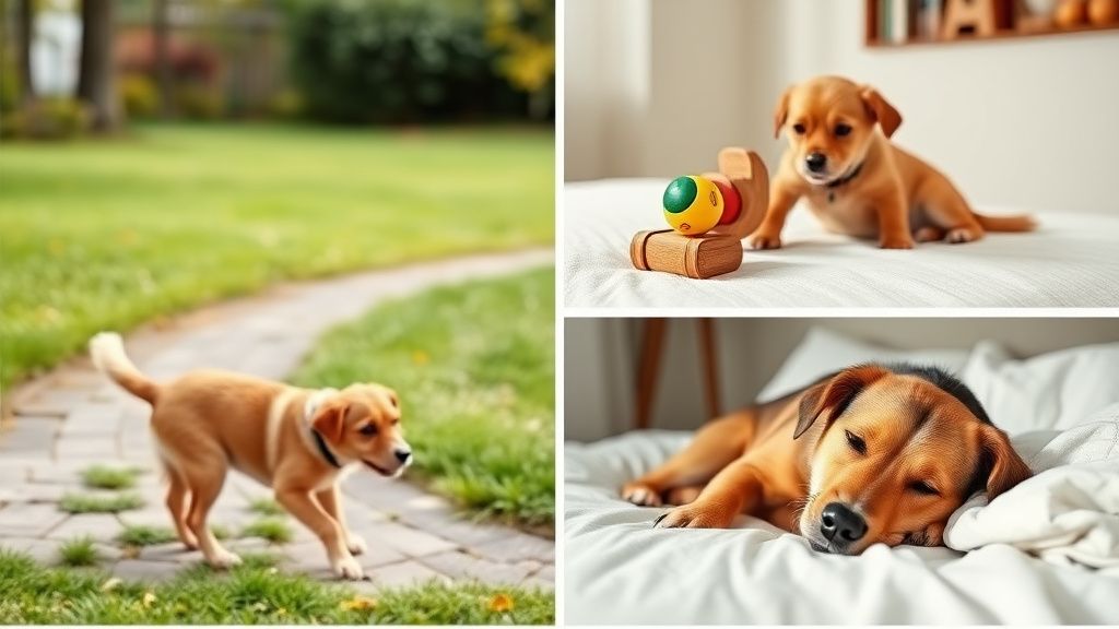 A sequence of three photos showing a dog on a morning walk, then doing a puzzle 