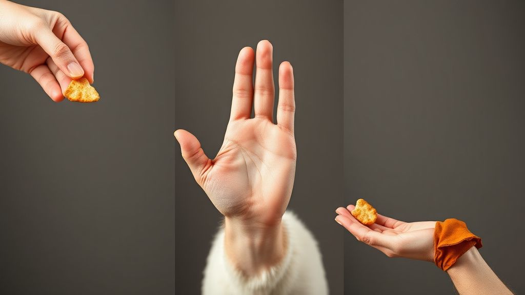 A sequence of three photos showing a hand fading a food lure: first with a treat