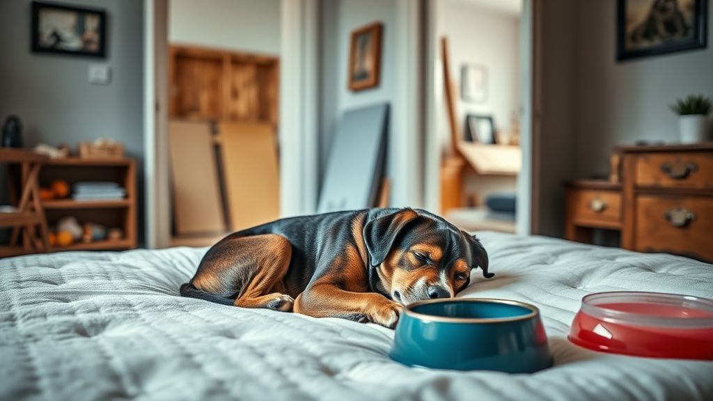 A serene photo of a dog peacefully napping on a cozy bed in a calm, well-lit roo
