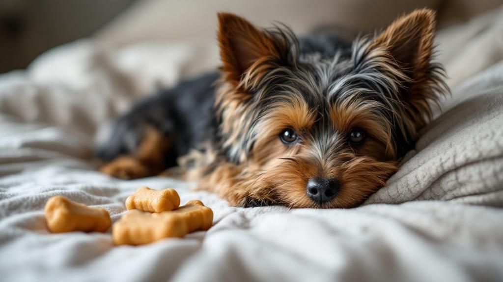 A serene photo of a Yorkshire Terrier resting calmly on a soft bed, with a few c