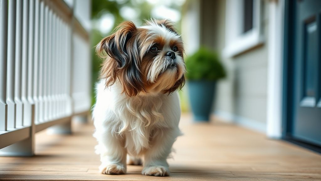 A Shih Tzu standing alert on a porch, ears perked and looking intently at someth