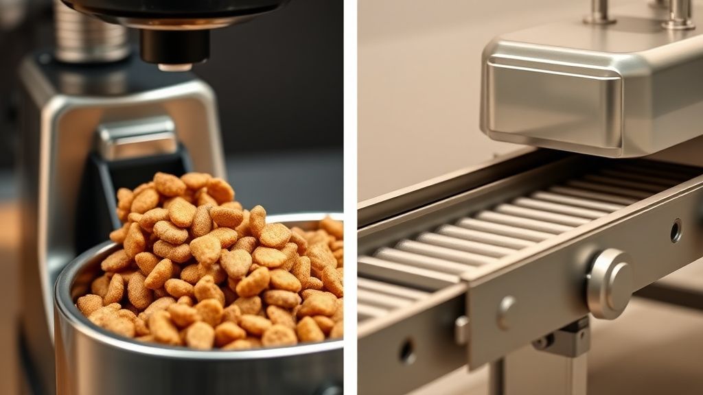 A side-by-side comparison image: a simple gravity feeder with jammed, clumped se