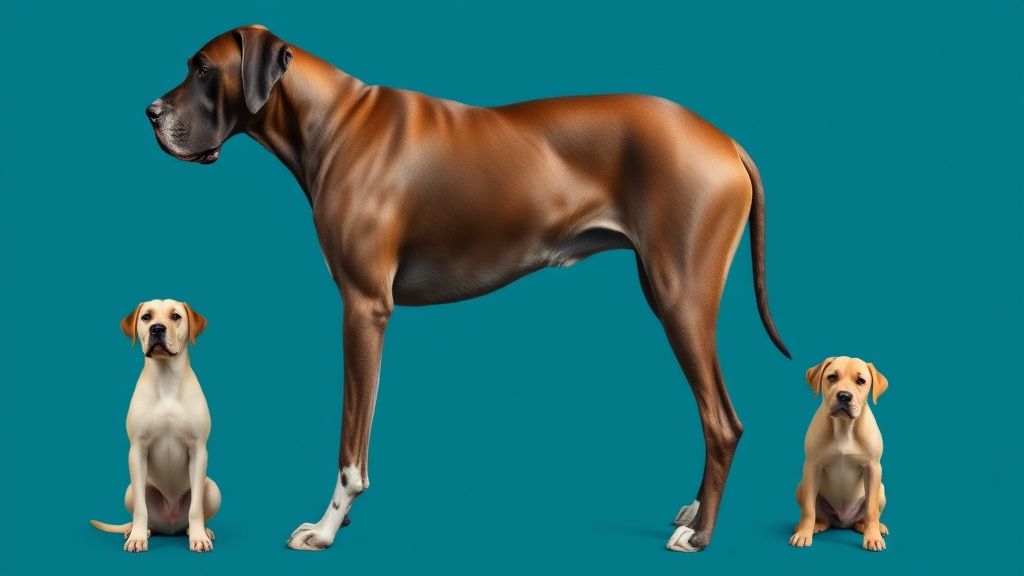 A side-by-side comparison photo of a Great Dane standing next to a more common l