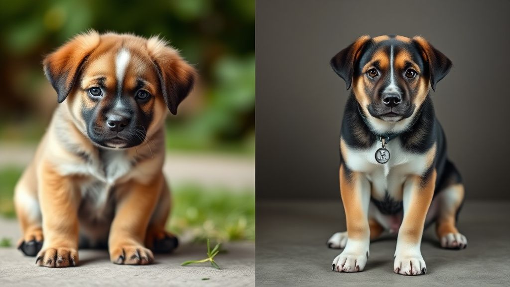 A side-by-side comparison photo of a large breed puppy at 8 weeks old and the sa