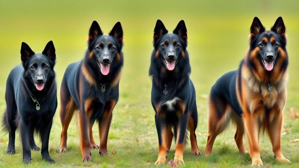 A side-by-side comparison photo of all four Belgian Shepherd breeds (Malinois, T