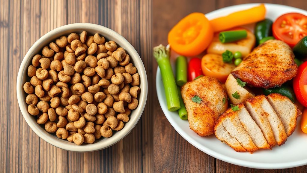 A side-by-side comparison photo: on one side, a bowl of dry, brown dog kibble; o