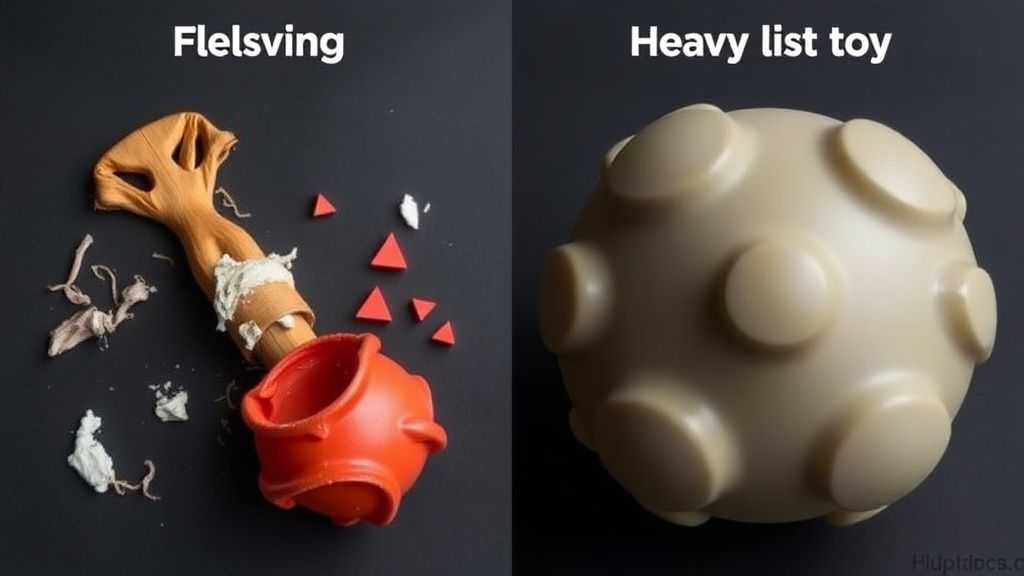 A side-by-side comparison photo showing a flimsy, destroyed dog toy next to an i