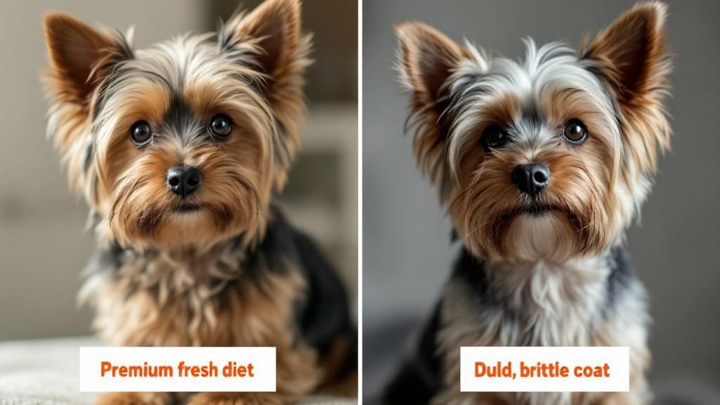 A side-by-side comparison photo showing the coat of a Yorkie on a premium fresh 