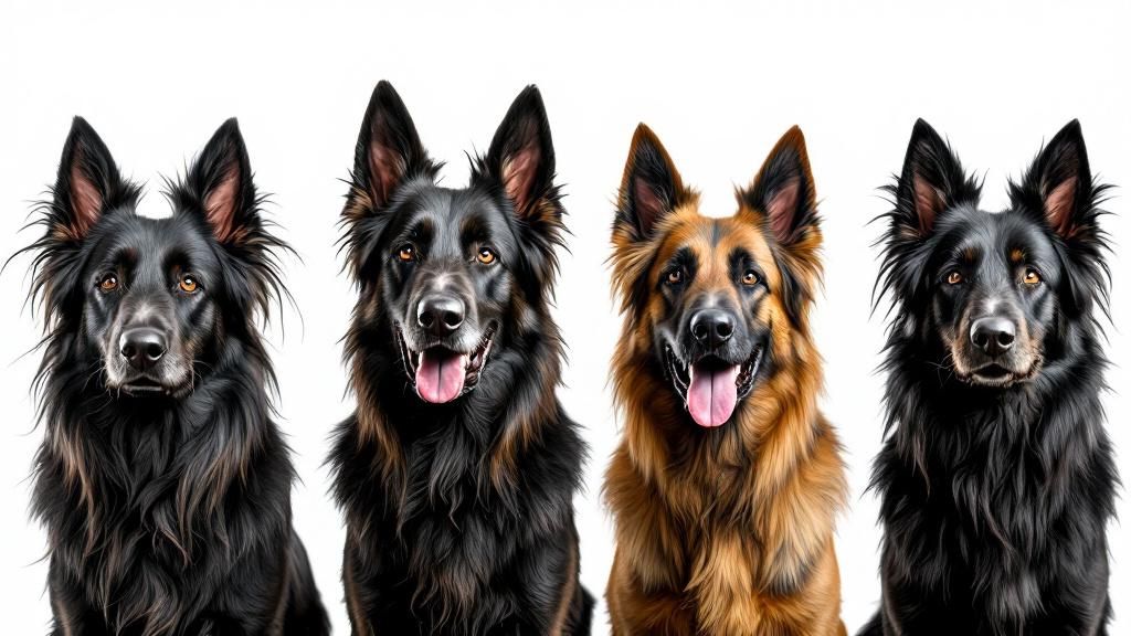 A side-by-side comparison photo showing the four Belgian Shepherd varieties (Lae