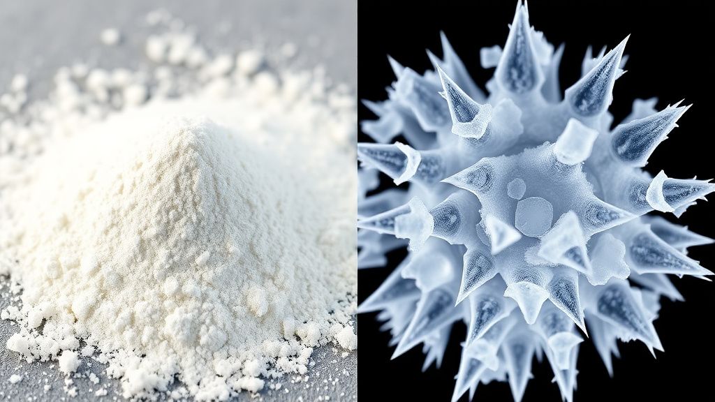 A side-by-side image: on one side, a close-up photo of fine, white diatomaceous 