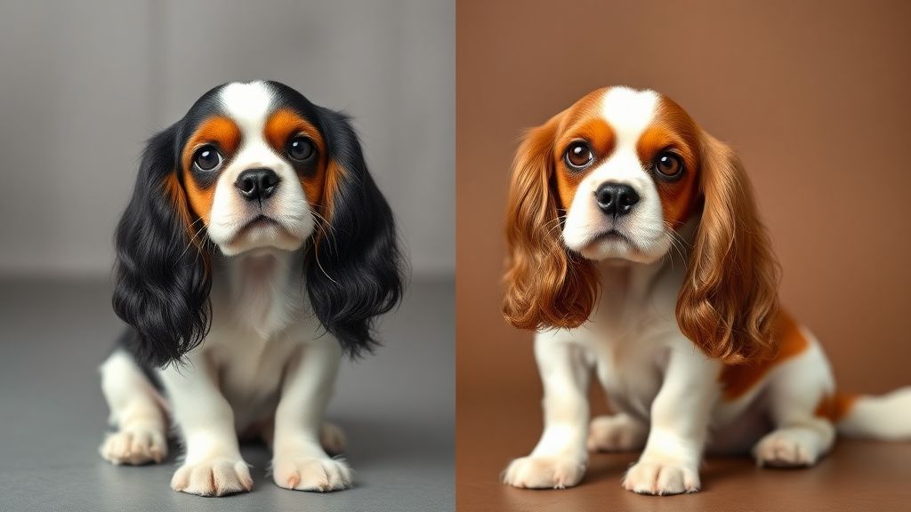 A side-by-side image showing a Cavalier King Charles Spaniel next to a larger br