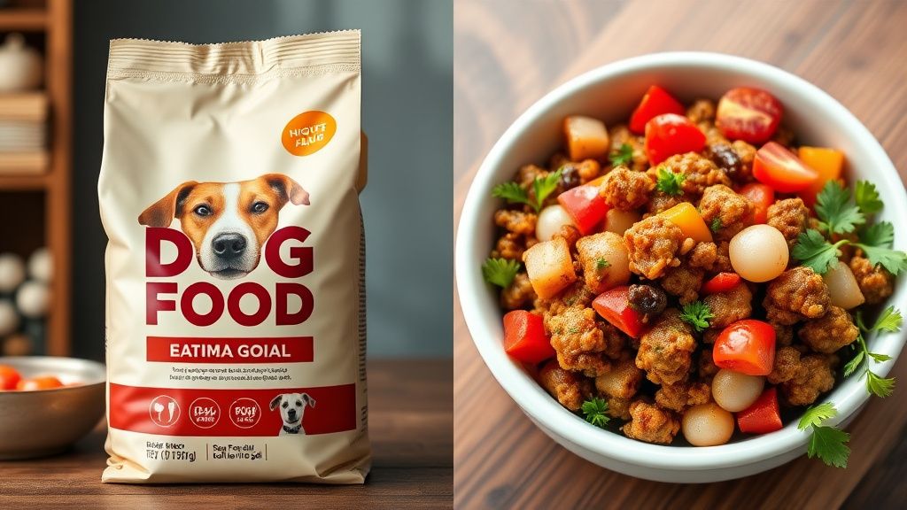 A side-by-side photo collage showing a bag of high-end commercial dog food next 