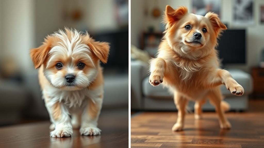 A side-by-side photo collage showing a very small, fluffy puppy next to the same