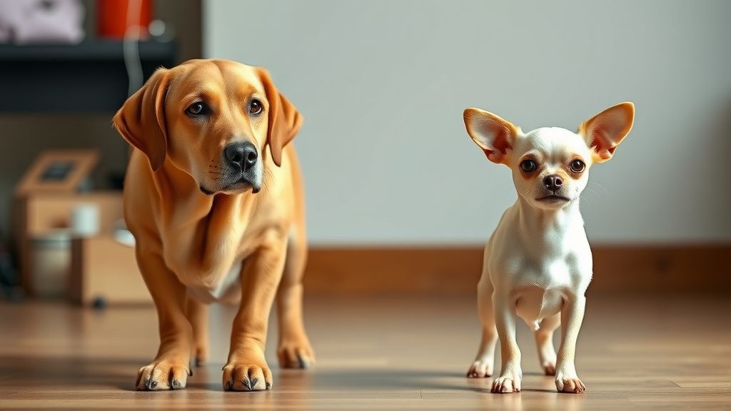 A side-by-side photo of a senior large breed dog (like a Labrador) and a senior 