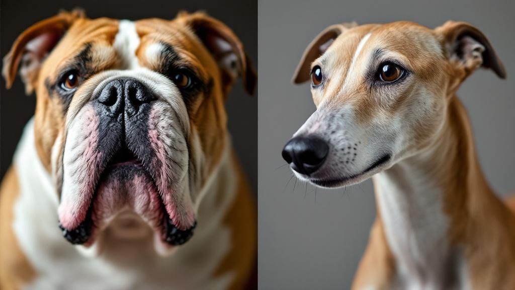 A side-by-side photo showing a Bulldog's powerful, wide jaw next to a slender Gr