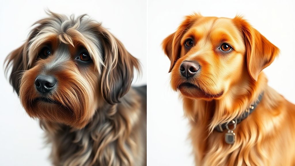 A side-by-side photo showing a dog with a dull coat next to the same dog with a 