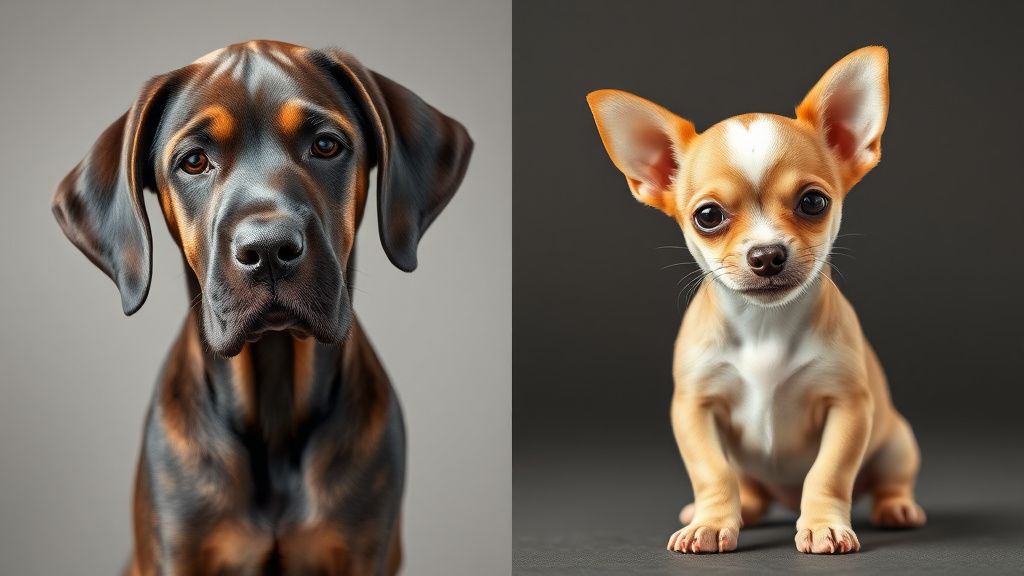 A side-by-side photo showing a large breed puppy (like a Great Dane) and a small