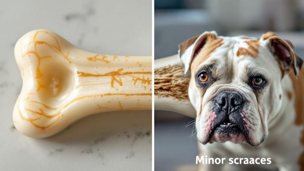 A side-by-side photo showing a pristine, heavy-duty nylon bone next to the same 
