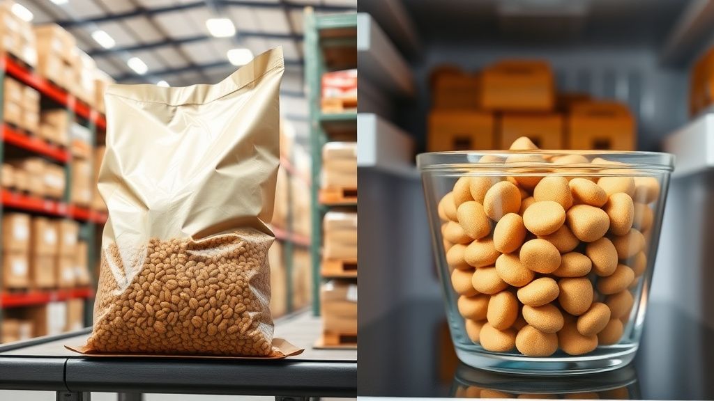 A side-by-side visual comparison: on one side, a sealed bag of kibble on a wareh