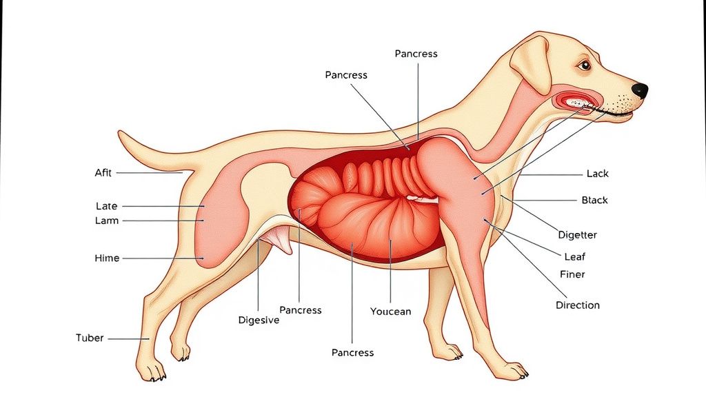 A simple, clear anatomical diagram of a dog's digestive system highlighting the