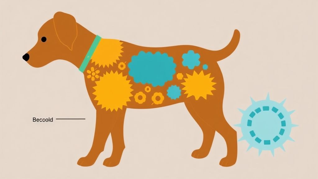 A simplified, colorful diagram showing good bacteria (friendly shapes) outnumber