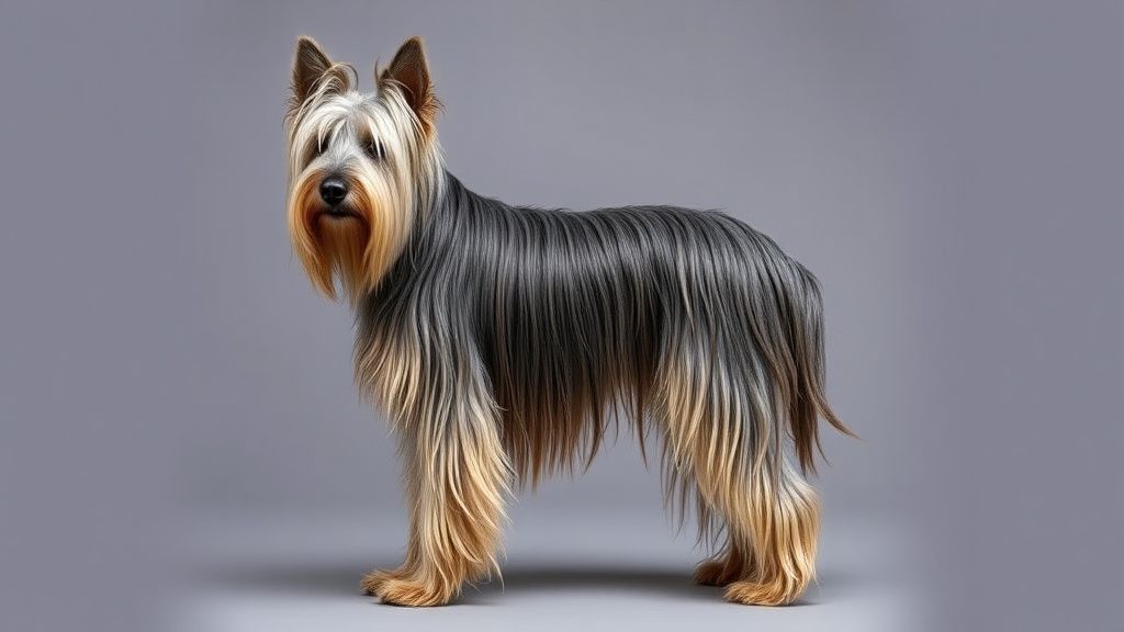 A Skye Terrier standing proudly, showcasing its very long, straight, floor-lengt