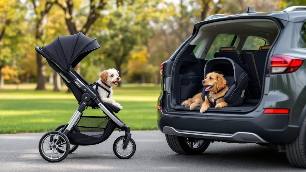 A sleek, high-end pet stroller/car seat system (the Tavo Pets Maeve Roscoe) show