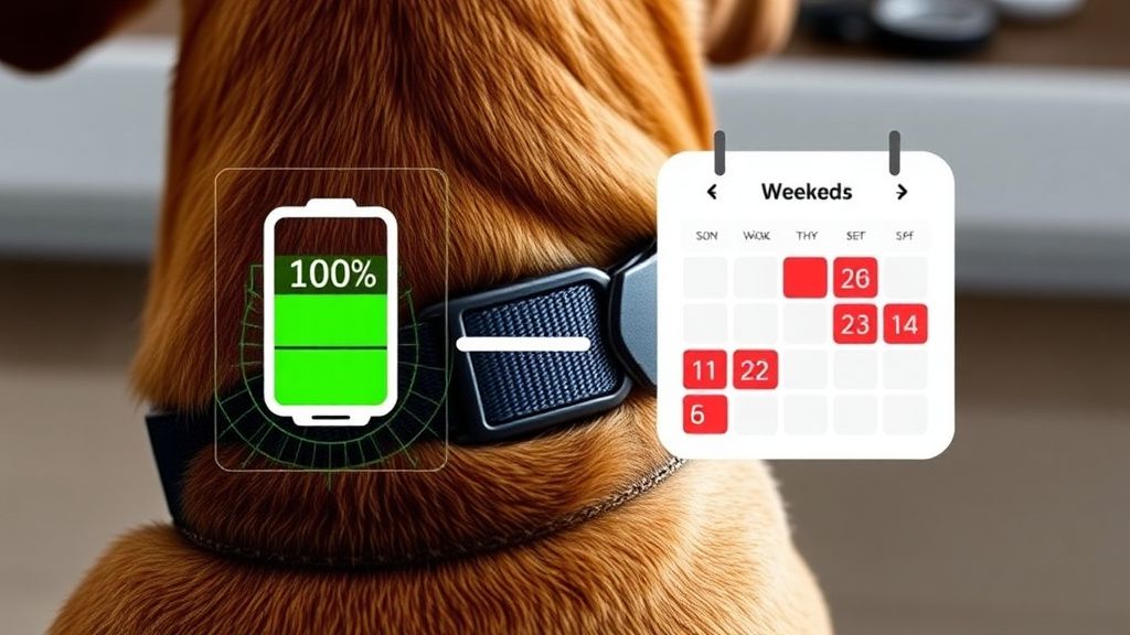 A sleek, modern photo of the Fi Series 3+ collar on a dog, with a graphic overla