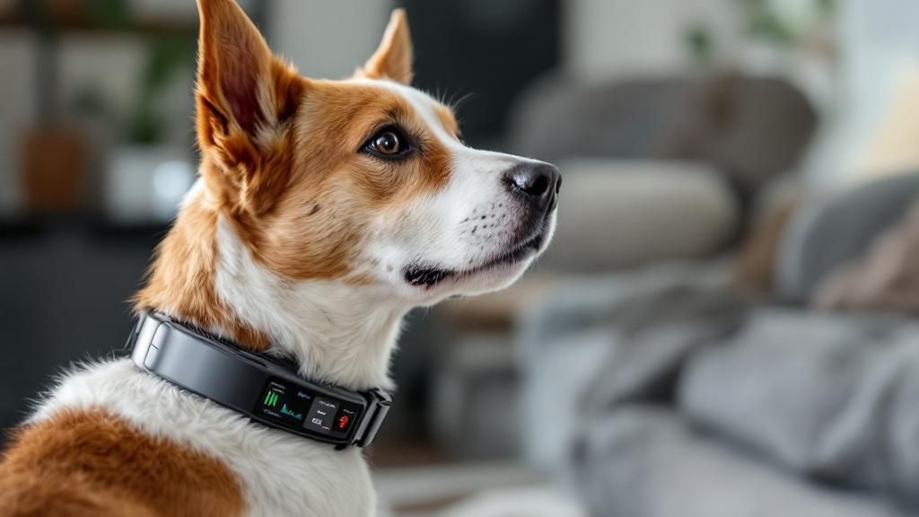 A sleek, modern smart collar on a dog, with a smartphone screen in the backgroun