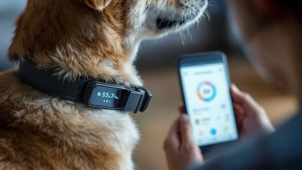 A sleek, modern smart collar on a dog's neck, with a smartphone screen visible i