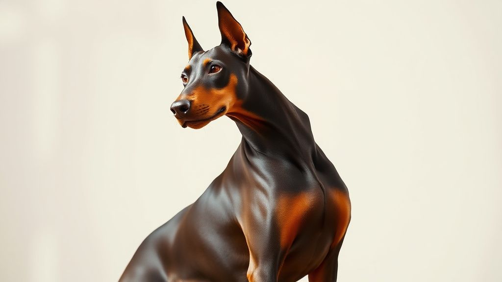 A sleek, muscular Doberman Pinscher in a classic stance, showcasing its athletic