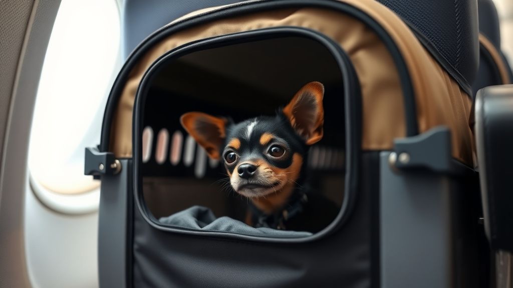 A small dog peeking out from inside a soft-sided airline-approved carrier placed
