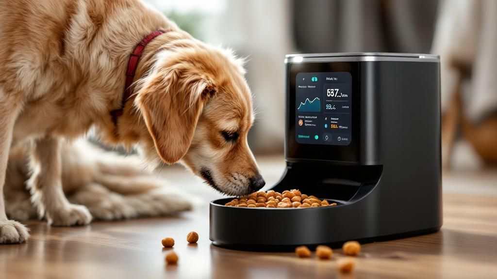 A smart pet feeder with a built-in camera and display, measuring food portions a