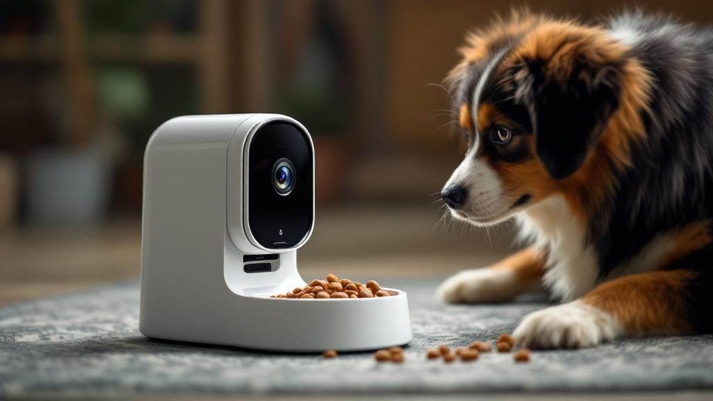 A smart, Wi-Fi-enabled pet feeder with a built-in camera, shown dispensing food