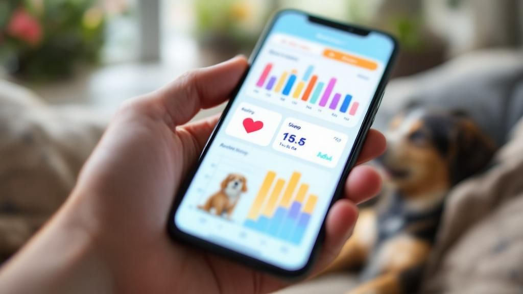 A smartphone screen displaying a colorful, intuitive pet health app dashboard wi