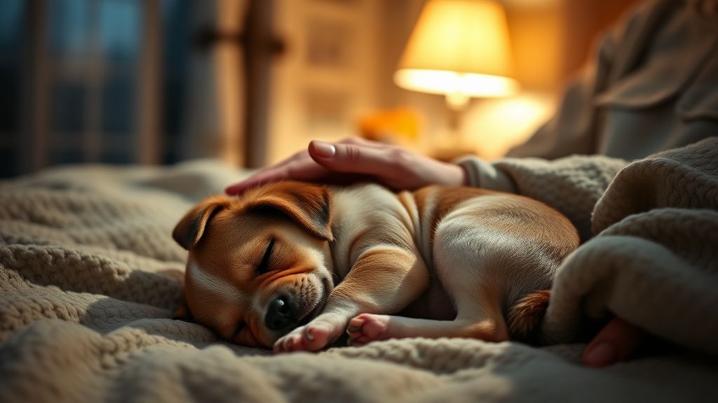 A softly lit evening scene showing a person gently stroking a sleepy puppy curle