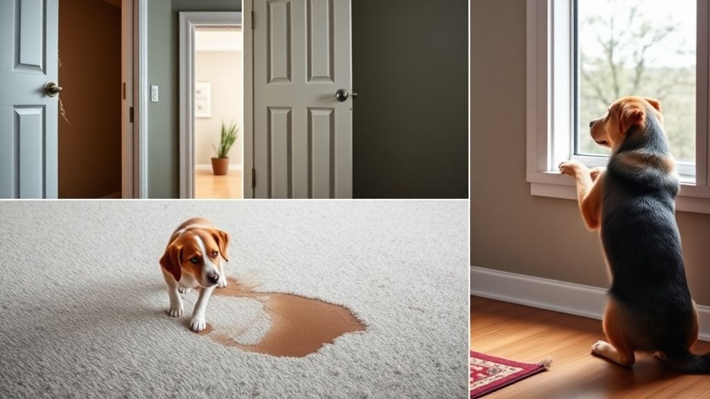 A split-image collage showing four common anxiety behaviors: a chewed doorframe,