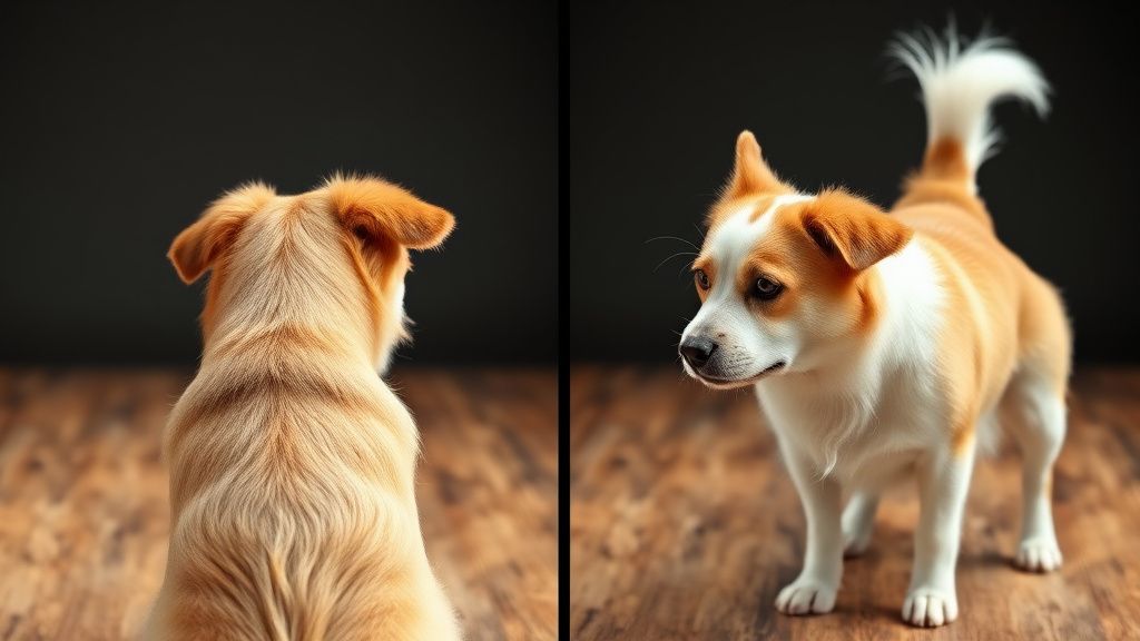 A split-image comparison: left side shows a dog with a relaxed, loose tail wag; 