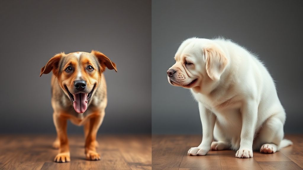 A split-image comparison showing a healthy, active dog on one side and an overwe