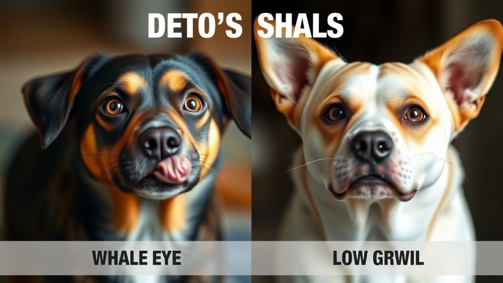 A split-image infographic showing a dog displaying 'whale eye' and lip-licking (
