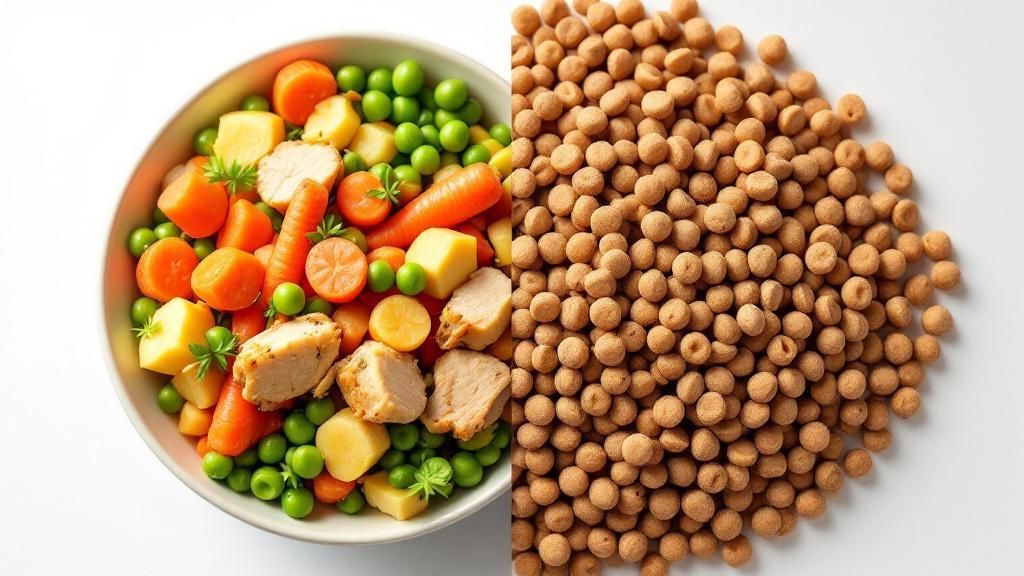 A split image: on one side, a bowl of colorful, recognizable fresh ingredients l