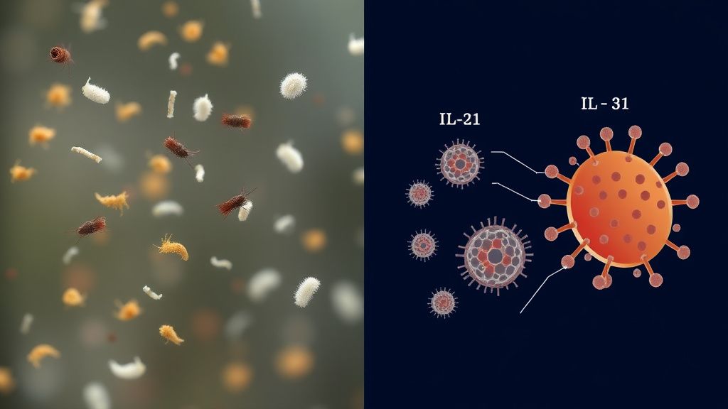 A split image: on one side, a close-up of common allergens (pollen grains, dust 