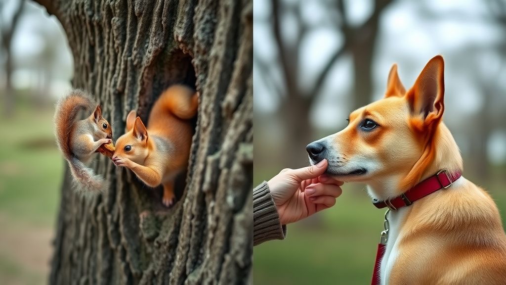 A split image: on one side, a dog intently focused on a squirrel in a tree; on t
