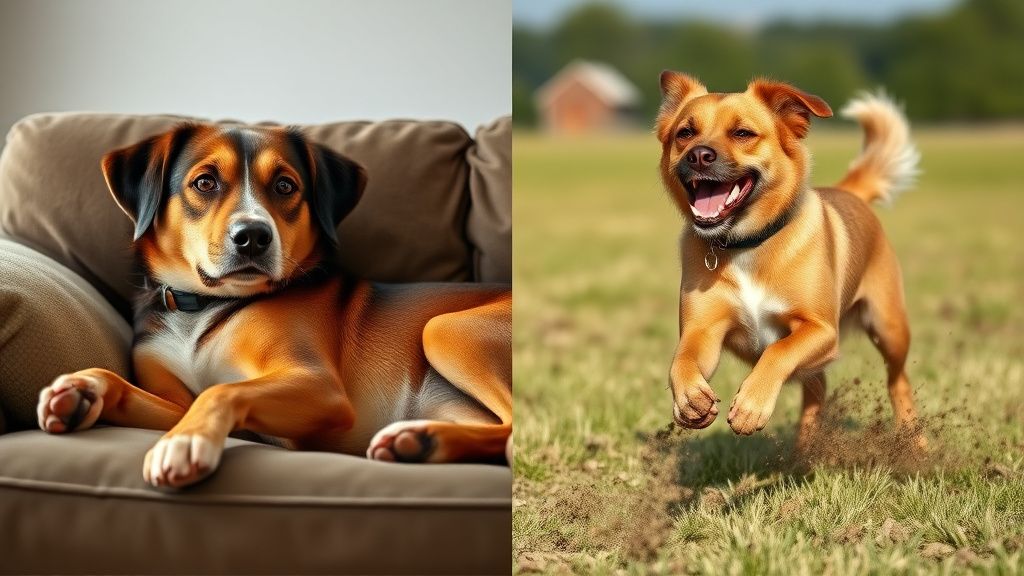 A split image: on one side, a dog relaxing on a couch; on the other, a muddy dog