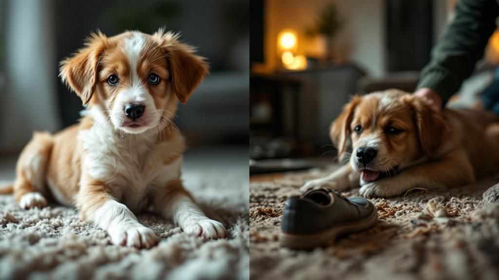 A split-image: on one side, a perfectly posed, cute puppy photo; on the other, a