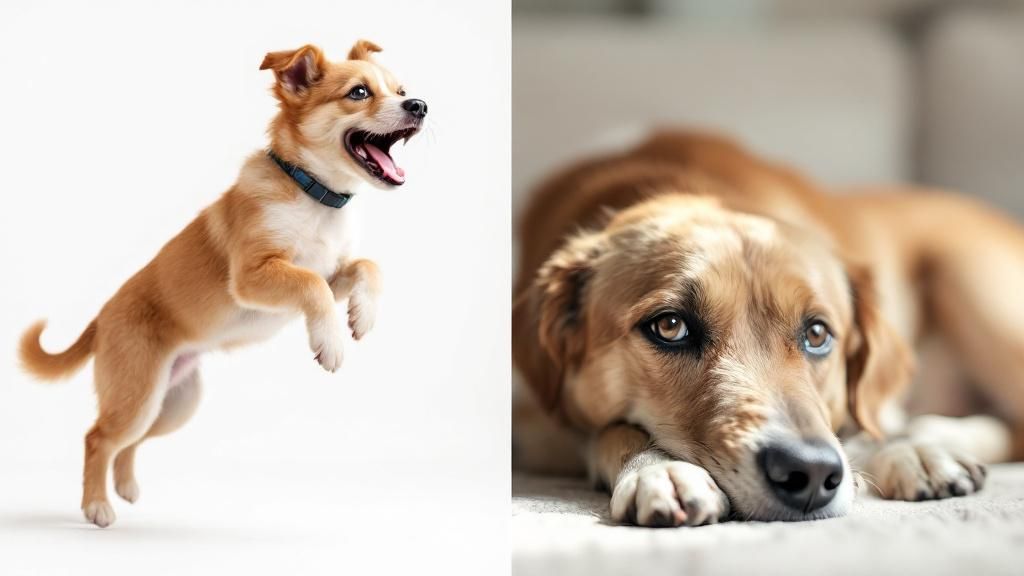 A split image: on one side, a rambunctious young dog jumping; on the other, the 