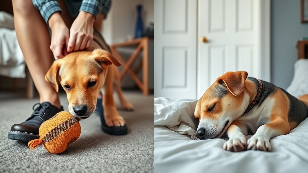 A split-image: on the left, a person calmly putting on shoes while a dog chews a